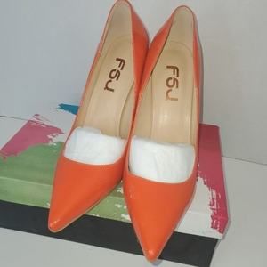 FSJ Orange Patent Leather Pointed Toe Heels Size 9